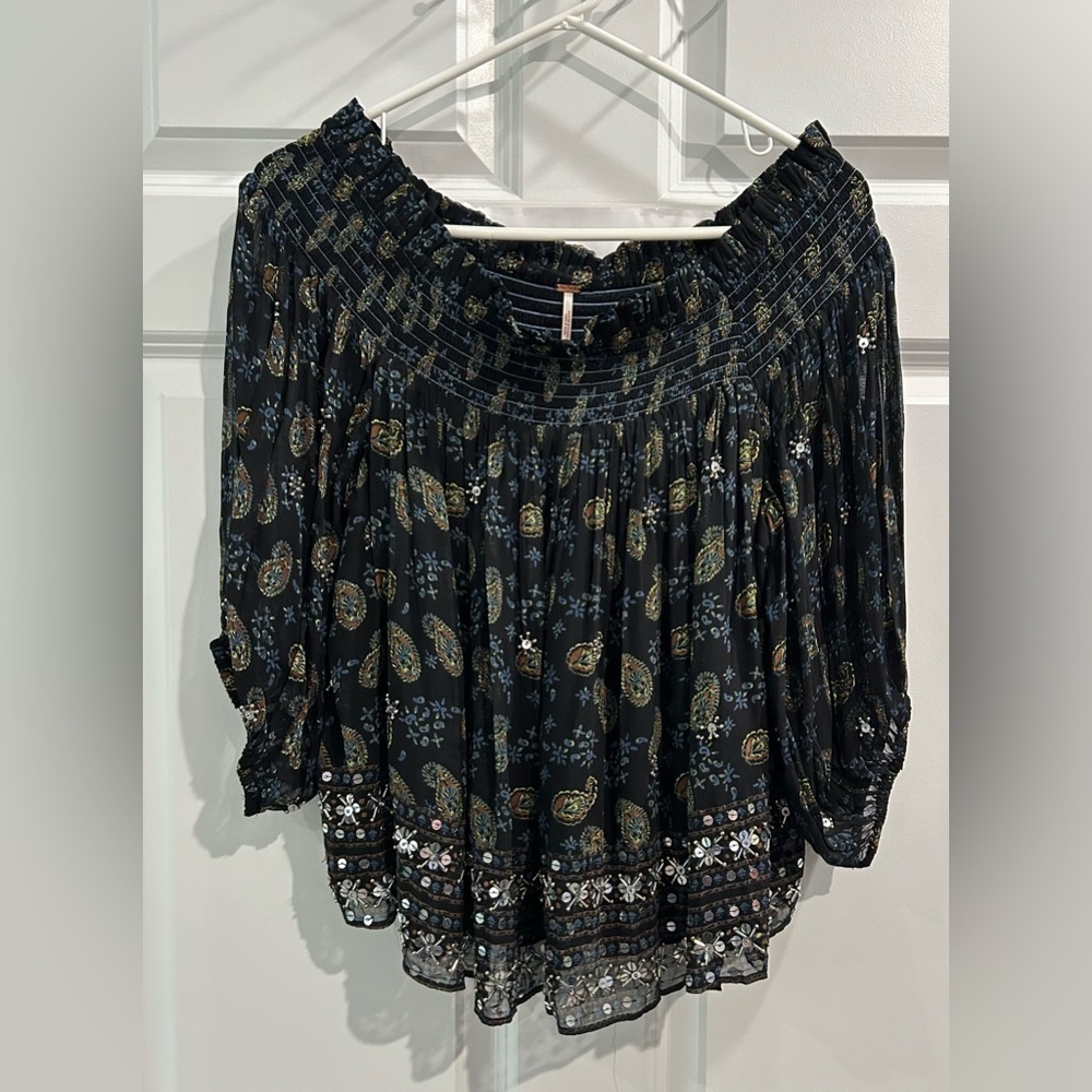 Free People Size L Age of Aquarius Off Shoulder Paisley Sequin Top Fairy Festive